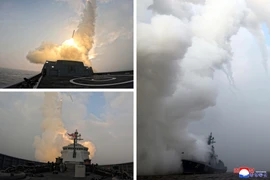 Triều Tiên tiến hành thử nghiệm tên lửa hành trình chiến lược từ tàu khu trục mới thuộc lớp Choe Hyon trước sự chứng kiến ​​của nhà lãnh đạo Kim Jong-un ngày 4/3. (Nguồn: KCNA/Yonhap)