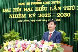 Đồng chí Nguyễn Tiến Hải, Ủy viên Trung ương Đảng, Bí thư Tỉnh ủy An Giang phát biểu chỉ đạo Đại hội. (Ảnh: Thanh Sang/TTXVN)