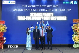 Anh Hùng lao động Hồ Quang Cua cùng các con nâng cao cúp "Gạo ngon nhất thế giới" năm 2025 tại buổi lễ. (Ảnh: Nguyễn Văn Việt/TTXVN)