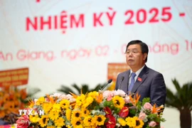 Ủy viên BCH Trung ương Đảng, Bí thư Tỉnh ủy An Giang Nguyễn Tiến Hải phát biểu tại Đại hội. (Ảnh: Văn Sĩ/TTXVN)