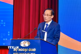Đồng chí Lê Hoài Trung, Ủy viên Bộ Chính trị, Bộ trưởng Bộ Ngoại giao phát biểu tại phiên họp Ngoại giao khoa học công nghệ góp phần kiến tạo năng lực phát triển quốc gia ngày 5/8. (Ảnh: TTXVN)
