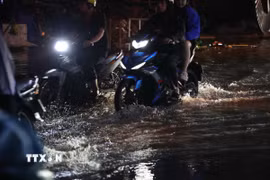 Mưa gây ngập cục bộ trên đường Trần Xuân Soạn, phường Tân Hưng, TP Hồ Chí Minh sau trận mưa lớn. (Ảnh: Hồng Đạt/TTXVN)