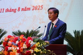 Bí thư Đảng ủy phường Sa Pa Phan Đăng Toàn phát biểu tại Đại hội. (Ảnh: Tuấn Khôi/TTXVN)