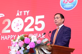 Phó Thủ tướng, Bộ trưởng Bộ Ngoại giao Bùi Thanh Sơn chúc Tết các cơ quan báo chí và những người làm báo. (Ảnh: Văn Điệp/TTXVN)