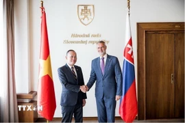 Chủ tịch Quốc hội Slovakia Richard Raci tiếp Đại sứ Phạm Trường Giang. (Ảnh TTXVN phát)