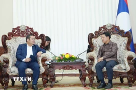 Chủ tịch Tập đoàn Hóa chất Việt Nam Phùng Quang Hiệp (trái) báo cáo Phó Thủ tướng Chính phủ Lào Saleumxay Kommasith về tiến độ Dự án. (Ảnh: Xuân Tú/TTXVN)