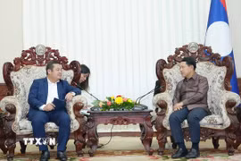 Chủ tịch Tập đoàn Hóa chất Việt Nam Phùng Quang Hiệp (trái) báo cáo Phó Thủ tướng Chính phủ Lào Saleumxay Kommasith về tiến độ Dự án. (Ảnh: Xuân Tú/TTXVN)