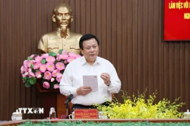 Giáo sư-Tiến sỹ Nguyễn Xuân Thắng, Ủy viên Bộ Chính trị, Giám đốc Học viện quốc gia Hồ Chí Minh, Chủ tịch Hội đồng Lý Luận Trung ương phát biểu tại buổi làm việc. (Ảnh: Phạm Cường/TXVN)