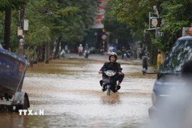 Phương tiện giao thông khó khăn di chuyển trên đoạn đường Phan Châu Trinh. (Ảnh: Văn Dũng/TTXVN)