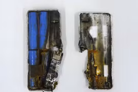 Một cục sạc dự phòng bị cháy trong một thí nghiệm tái hiện tai nạn pin lithium-ion. ((Nguồn: Kyodo)