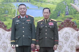 Đại tá Phan Hữu Thắng, Tùy viên Quốc phòng Việt Nam tại Lào, tới chào ra mắt chính thức Thượng tướng Khamlieng Outhakaysone, Bộ trưởng Quốc phòng Lào. (Ảnh: Đỗ Bá Thành/TTXVN)