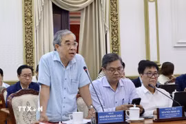 Ông Nguyễn Ngọc Hòa, Chủ tịch Hiệp hội Doanh nghiệp Thành phố Hồ Chí Minh thông tin hoạt đông doanh nghiệp tại hội thảo. (Ảnh: Xuân Anh/TTXVN)