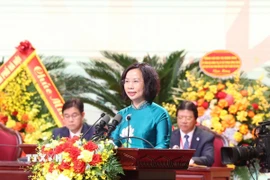 Chủ tịch Ủy ban MTTQ Việt Nam thành phố Hà Nội Bùi Huyền Mai phát biểu tại một hội nghị. (Ảnh: TTXVN phát)