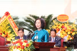 Chủ tịch Ủy ban MTTQ Việt Nam thành phố Hà Nội Bùi Huyền Mai phát biểu tại một hội nghị. (Ảnh: TTXVN phát)