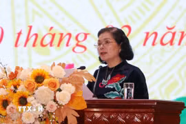 Bí thư Tỉnh ủy Lai Châu Giàng Páo Mỷ phát biểu tại Kỳ họp thứ 26, HĐND tỉnh Lai Châu khóa XV. (Ảnh: Nguyễn Oanh/TTXVN)