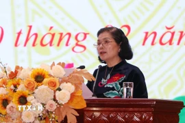 Bí thư Tỉnh ủy Lai Châu Giàng Páo Mỷ phát biểu tại Kỳ họp thứ 26, HĐND tỉnh Lai Châu khóa XV. (Ảnh: Nguyễn Oanh/TTXVN)