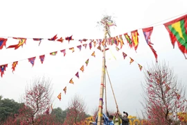 Dựng cây nêu ngày Tết tại Hoành thành Thăng Long. (Ảnh: Thanh Tùng/TTXVN)