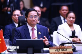 Thủ tướng Phạm Minh Chính phát biểu tại Phiên toàn thể Hội nghị Cấp cao ASEAN lần thứ 46. (Ảnh: Dương Giang/TTXVN)