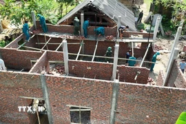 Lực lượng thuộc Bộ Chỉ huy quân sự tỉnh Phú Thọ chung sức giúp đồng bào xóa nhà tạm, nhà dột nát tại xã Xuân Đài. (Ảnh: Đào An/TTXVN)
