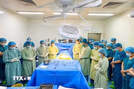 Các bác sỹ Bệnh viện Nhân dân Gia Định mặc niệm tri ân người hiến tạng trước khi tiến hành lấy tạng. (Ảnh: TTXVN phát)