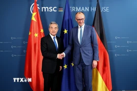 Thủ tướng Đức Friedrich Merz và Bộ trưởng Ngoại giao Trung Quốc Vương Nghị tại cuộc gặp ở Munich, Đức, ngày 14/2/2025. (Ảnh: THX/TTXVN)