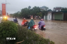 Ngập úng sau mưa lớn ở phường Vĩnh Phúc, Phú Thọ. (Ảnh: Hoàng Hùng/TTXVN)