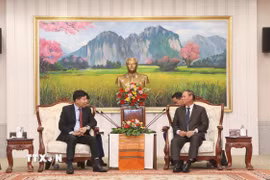 Thường trực Ban Bí thư Lào Vilay Lakhamphong (phải) tiếp Thứ trưởng Bộ ngoại giao Nguyễn Mạnh Cường. (Ảnh: Xuân Tú/TTXVN)