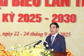 Đại tướng Phan Văn Giang, Ủy viên Bộ Chính trị, Phó Bí thư Quân ủy Trung ương, Bộ trưởng Bộ Quốc phòng phát biểu chỉ đạo Đại hội. (Ảnh: Vũ Hoàng Giang/TTXVN)