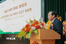 Ông Lê Hồng Tịnh, Chủ tịch Liên đoàn Cầu mây Việt Nam khóa 3 phát biểu khai mạc Đại hội. (Ảnh: Lê Đông/TTXVN)