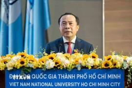 Phó Giáo sư-Tiến sỹ Vũ Hải Quân, Bí thư Đảng ủy, Giám đốc Đại học Quốc gia Thành phố Hồ Chí Minh phát biểu tại Đại hội. (Ảnh: Thu Hoài/TTXVN)