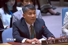 Thứ trưởng Nguyễn Minh Vũ phát biểu tại phiên họp Hội đồng Bảo an. (Ảnh: Thanh Tuấn/TTXVN)