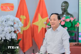 Đồng chí Trịnh Văn Quyết, Ủy viên Bộ Chính trị, Bí thư Trung ương Đảng, Trưởng Ban Tuyên giáo và Dân vận Trung ương phát biểu chúc mừng toàn thể lãnh đạo và người lao động TTXVN 101 năm Ngày Báo chí Cách mạng Việt Nam (21/6/1925 - 21/6/2026). (Ảnh: Lê Đông/TTXVN)