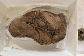 Hài cốt của một trong 4 đứa trẻ được các nhà khảo cổ phát hiện, chôn cất tại khu thánh địa Inca Pachacamac. (Ảnh: AFP)