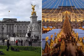 Bên ngoài Cung điện Buckingham thực tế và hình ảnh AI giả mạo chợ Giáng sinh Hoàng gia ở trước Cung điện Buckingham khiến nhiều người bị lừa. (Ảnh: Getty/Instagram)