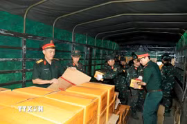 Lực lượng Hậu cần - Kỹ thuật vận chuyển hàng hóa, lương thực, thực phẩm chuẩn bị lên đường sang Venezuela. (Ảnh: TTXVN phát)