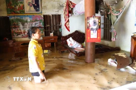 Nước lũ kèm theo nhiều loại rác tràn vào nhà dân, gây hư hại nhiều đồ đạc, vật dụng. (Ảnh: Xuân Tiến/TTXVN)