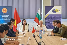 Đại sứ Nguyễn Thị Minh Nguyệt trao đổi, thảo luận với đại diện các bên tại buổi kết nối giao thương giữa doanh nghiệp Việt Nam và Bulgaria. (Ảnh: TTXVN)