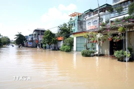 Đến trưa 9/10, mực nước tại xã Hữu Lũng, tỉnh Lạng Sơn vẫn chưa rút, nhiều ngôi nhà, hoa màu vẫn ngập sâu, giao thông chia cắt. (Ảnh: Văn Đạt/TTXVN)