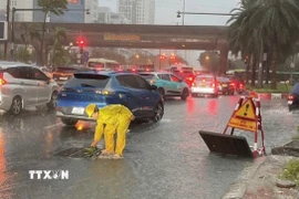 Công nhân Công ty TNHH MTV Thoát nước Hà Nội khẩn trương ứng trực kịp thời tiêu thoát nước khi ngập úng. (Ảnh: Nguyễn Thắng/TTXVN)