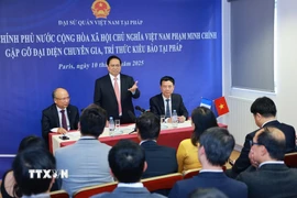 Thủ tướng Phạm Minh Chính gặp gỡ đại diện chuyên gia, trí thức kiều bào tại Pháp. (Ảnh: Dương Giang/TTXVN)