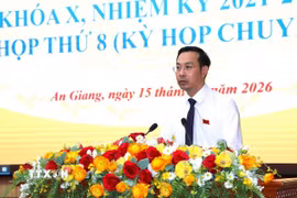 Phó Bí thư Thường trực Tỉnh ủy, Chủ tịch HĐND tỉnh An Giang Nguyễn Thanh Nhàn phát biểu tại kỳ họp. (Ảnh: Lê Huy Hải/TTXVN)