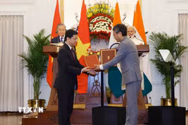 Tổng Bí thư, Chủ tịch nước Tô Lâm và Thủ tướng Cộng hòa Ấn Độ Narendra Modi chứng kiến lễ trao các văn kiện hợp tác giữa 2 nước. (Ảnh: Thống Nhất/TTXVN)