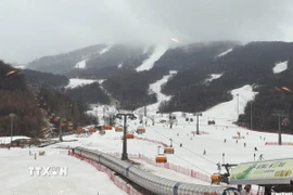 Hệ thống 6 cáp treo cao tốc và 8 băng chuyền ở khu trượt tuyết Cát Lâm có thể phục vụ 15.000 người sử dụng dịch vụ. (Ảnh: Công Tuyên/TTXVN)