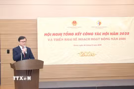 Chủ tịch Tổng hội người Việt Nam tại Hàn Quốc ông Đào Tuấn Hùng phát biểu. (Ảnh Khánh Vân/TTXVN)