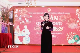 Tổng Lãnh sự Việt Nam tại Hong Kong và Macau Lê Đức Hạnh phát biểu chúc mừng xuân mới cộng đồng người Việt tại Hong Kong. (Ảnh: Xuân Vịnh/TTXVN)