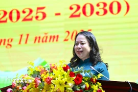 Phó Chủ tịch nước, Phó Chủ tịch thứ nhất Hội đồng Thi đua - Khen thưởng Trung ương Võ Thị Ánh Xuân phát biểu. (Ảnh: Chanh Đa/TTXVN)