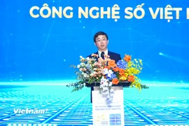Thứ trưởng Bộ Khoa học và Công nghệ Bùi Hoàng Phương nhấn mạnh việc VINASA ra mắt bản đồ doanh nghiệp công nghệ số Việt Nam của VINASA, có lẽ là một hoạt động hết sức ý nghĩa. (Ảnh: PV/Vietnam+)