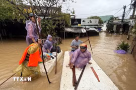 Vận chuyển lương thực, thực phẩm, nước uống thiết yếu hỗ trợ người dân vùng ngập lụt ở Gia Lai. (Ảnh: Trịnh Bang Nhiệm/TTXVN)