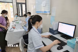 Nhân viên y tế Trạm Y tế phường Bạch Mai cập nhật thông tin, hồ sơ của bệnh nhân lên hệ thống Hồ sơ sức khoẻ điện tử của thành phố. (Ảnh: Minh Quyết/TTXVN)
