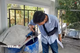 Kiểm tra các thùng phuy chứa nước trong gia đình, môi trường muỗi sinh sản loăng quăng. (Ảnh: TTXVN)